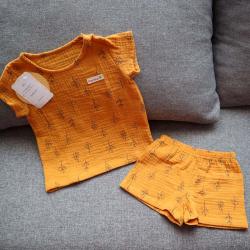 Набор муслиновый 2в1 футболка и шорты  "Листики на горчице" Plamka (Poland), , л00002033, Plamka (Poland), Одяг для дітей
